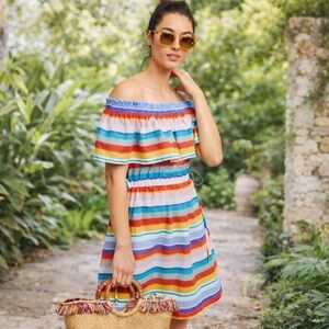 Anthro 4OUR Dreamers Rainbow Stripe Linen Blend Off Shoulder Dress S